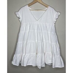 Women's White Tiered V Neck Tunic Mini Cottom Boho Cottage Dress Beach Small